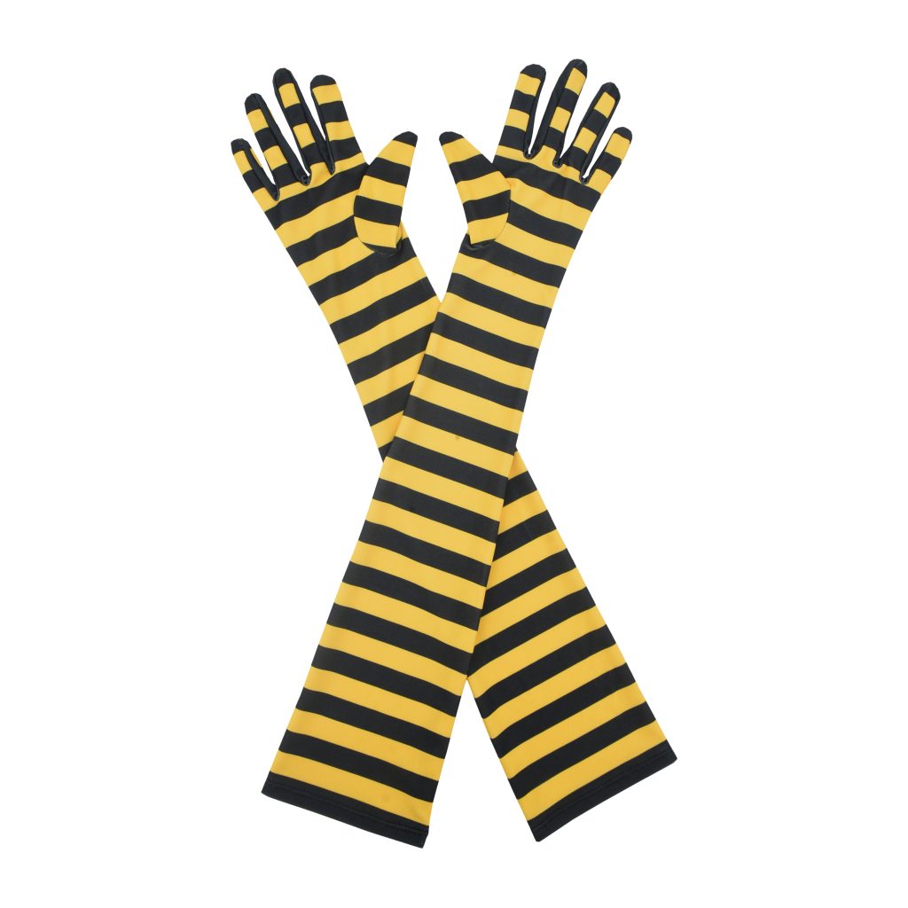 Yellow and black bold striped opera-length costume gloves, 21 inches